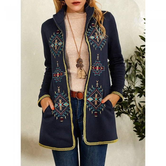 Vintage Embroidery Long Sleeve Stand Collar Coat For Women